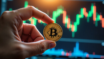 Hand holding Bitcoin in front of rising digital chart