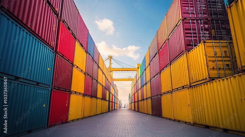 Poster Colorful Shipping Containers in a Freight Yard