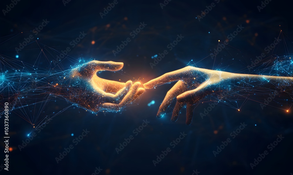 Poster a cosmic depiction of two hands reaching towards each other, symbolizing connection, creativity, and