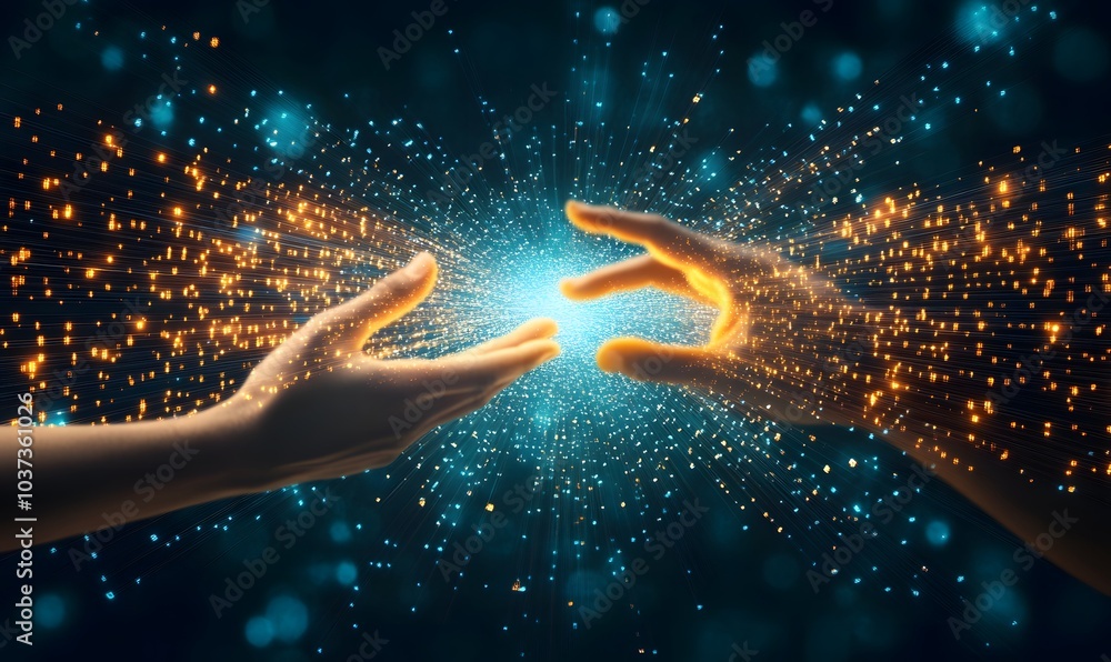 Poster two hands reach towards each other, creating a glowing spark of energy amidst a backdrop of shimmeri