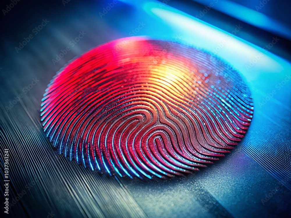 Poster realistic fingerprint scanner on silver surface with high depth of field for security technology sho
