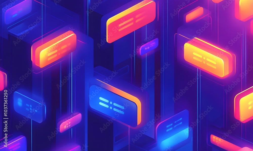 Fototapete a vibrant digital landscape featuring colorful, illuminated text boxes against a dark background, re