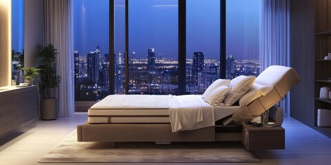 horizontal adjustable bed mattress in a city condo with view, bed is adjusted evening shot