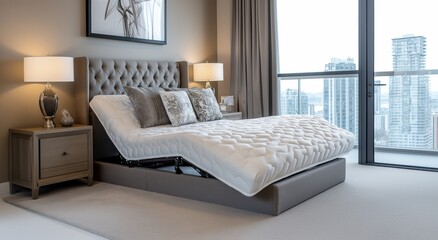horizontal adjustable bed mattress in a city condo with view, bed is adjusted