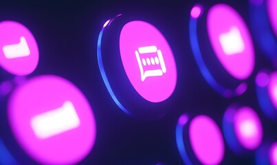 A close-up of illuminated keyboard buttons in vibrant pink hues, focusing on a messaging icon that suggests communication and digital interaction.