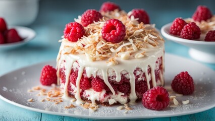 Raspberry Snowball cake with coconut chips.