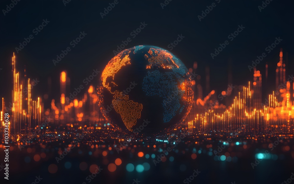 Leinwandbilder A glowing, digital globe surrounded by dynamic, illuminated data visualizations, symbolizing global connectivity and technology.