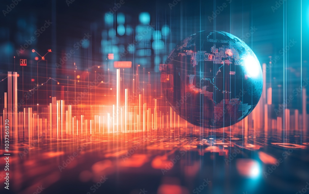 Poster A digital representation of a glowing Earth with data visualizations, suggesting themes of technology, global connectivity, and data analysis.