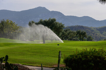 A tranquil early morning on a lush golf course with mist rising from sprinklers amid distant...