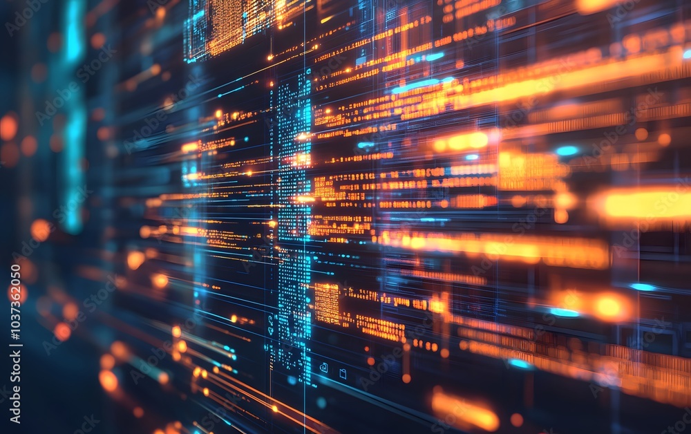 Poster A vibrant digital landscape showcasing flowing data streams and bright, colorful binary elements against a dark backdrop.