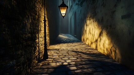 A dimly lit alleyway with cobblestones, featuring a vintage lantern casting warm light.