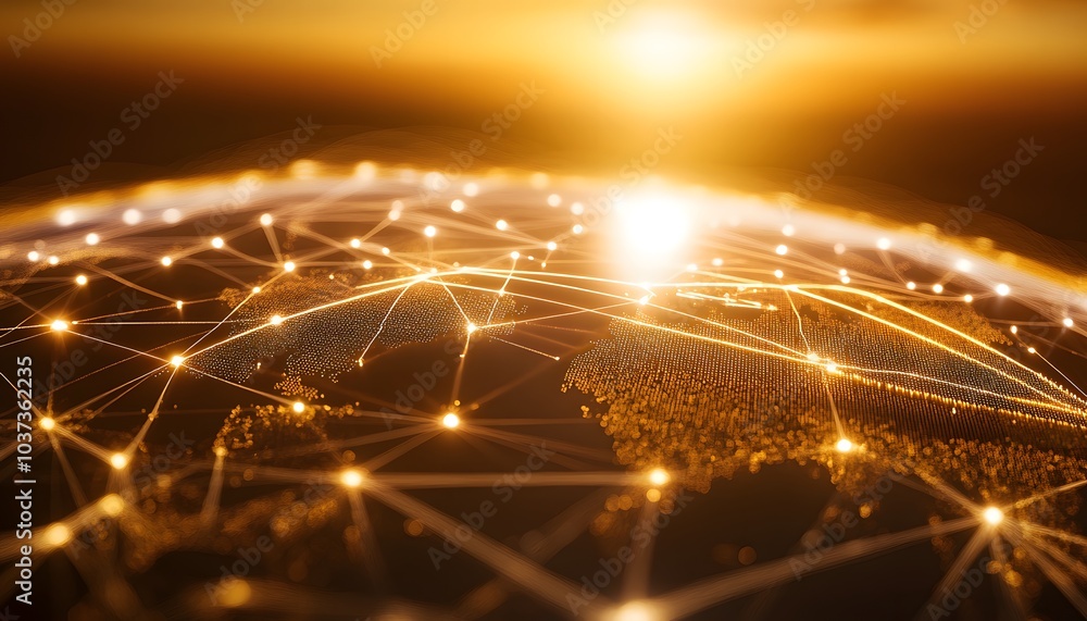 Poster a captivating view of earth with interconnected networks illuminated by a golden sunrise, showcasing