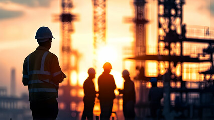 Silhouette of engineer and construction team working at site over blurred background for industry background with Light fair.Create from multiple reference images together