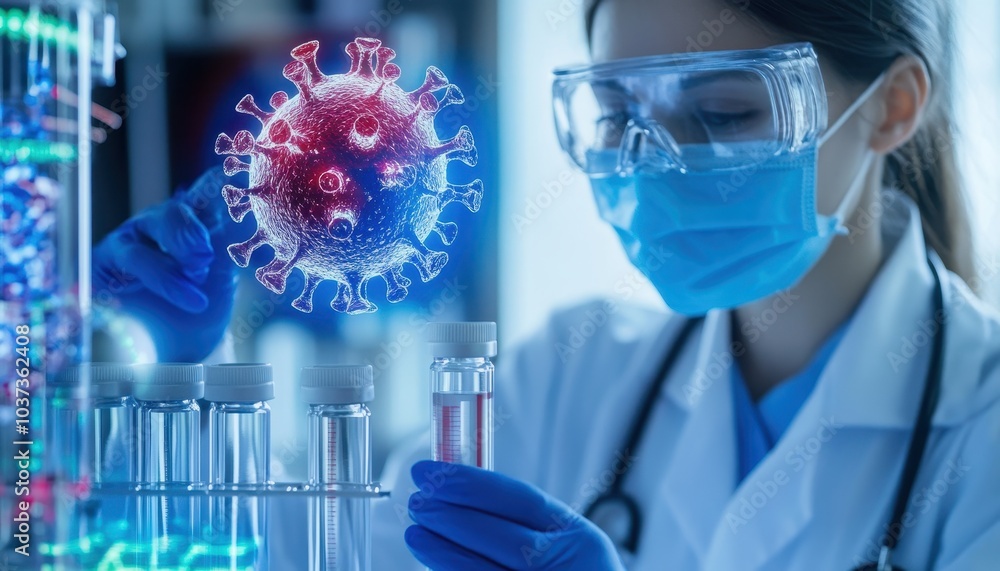 Poster a scientist in a lab examines a test tube while visualizing a 3d representation of a virus, showcasi