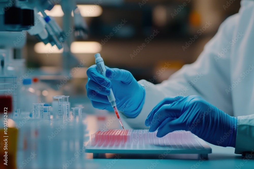 Poster a scientist in gloves uses a pipette to transfer liquid into a test plate in a laboratory setting, e