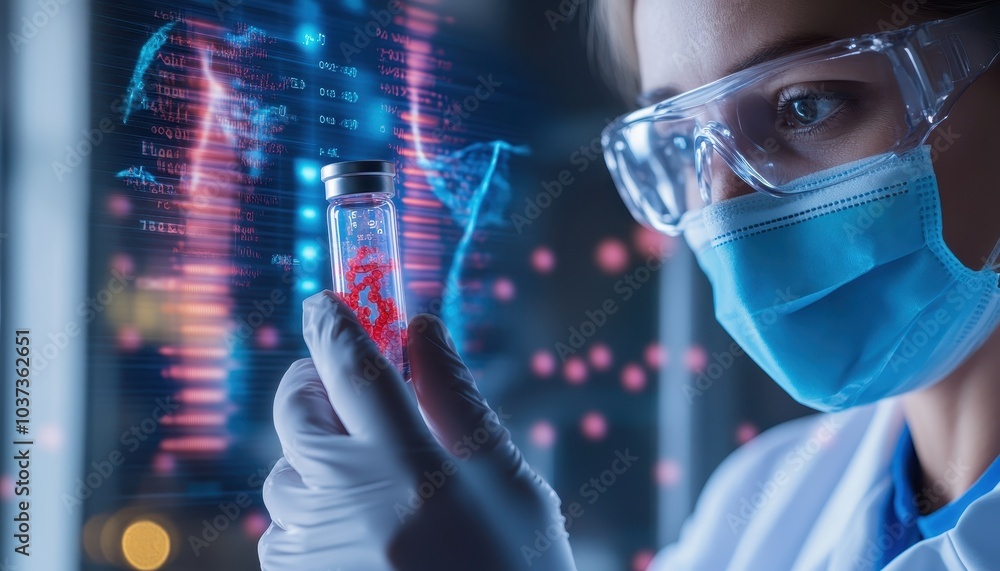 Poster a scientist examines a vial containing a red liquid, surrounded by colorful data visualizations, sym