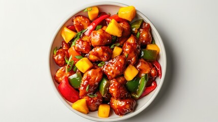 Sweet and sour chicken with bell peppers and mangoes in a bowl 