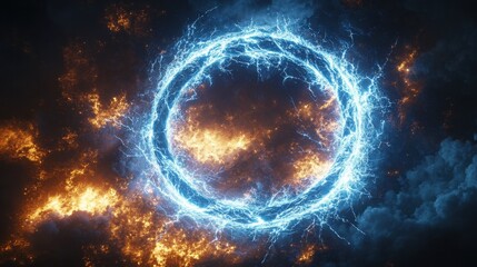 A glowing blue ring of energy surrounds an ethereal orange flame, creating a dramatic visual contrast.