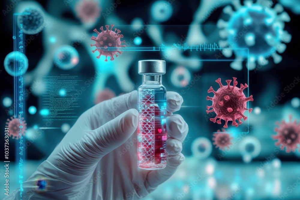 Poster a futuristic representation of a hand holding a vaccine vial against a backdrop of digital virus ill