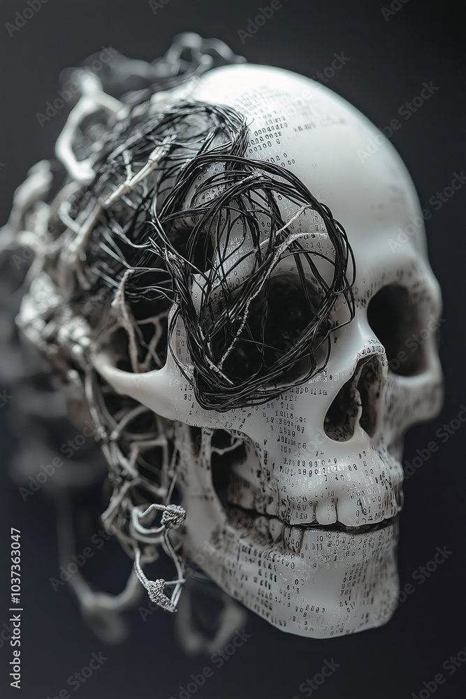 Poster minimalist skull with a lock, where the bones are made of network wires and codes.