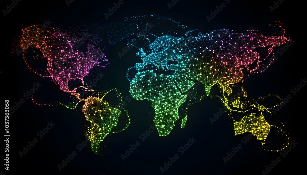 Poster a vibrant, colorful map of the world illuminated with glowing dots, representing connectivity and th
