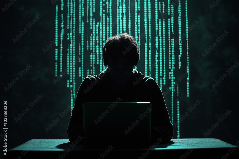 Poster silhouette of a hacker sitting at a laptop in a dark room with minimalist code elements in the backg