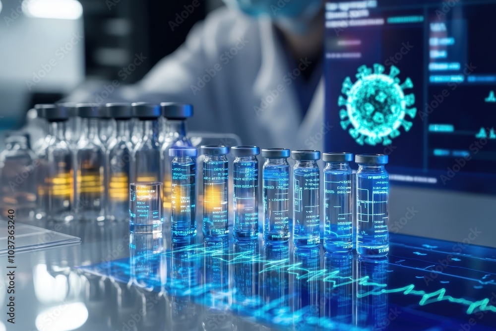 Poster a scientist in a lab examines vials of a vaccine, highlighting a digital display with data on a viru