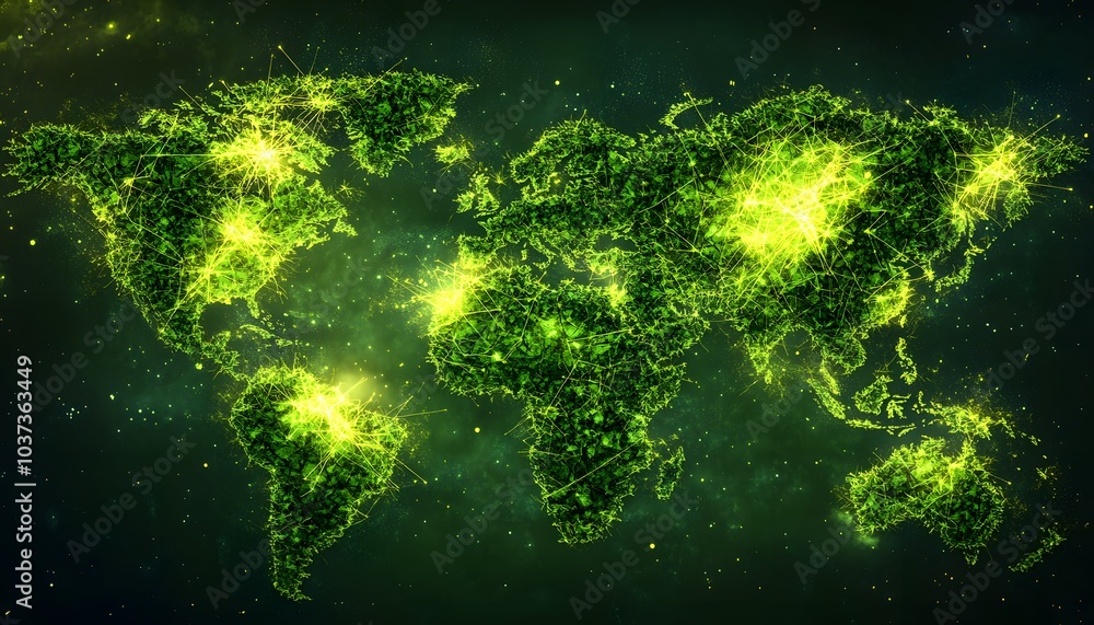Poster a glowing, abstract representation of the world map with vibrant green lights depicting data connect
