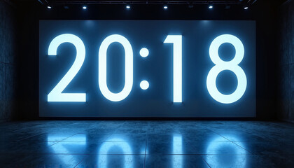 Large blue digital clock display in a dark industrial space
