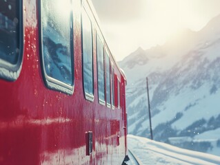 A close-up of a red passenger train car with snow-covered windows. The train is parked on a snowy track with a breathtaking alpine landscape in the background. The sun shines brightly, casting a warm 