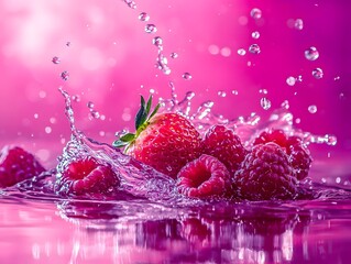 A vibrant and refreshing image of a strawberry and raspberries splashing into water. The background is a soft pink color, and the water droplets create a sparkling effect. 