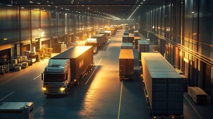 Fototapeta premium Industrial Warehouse with Trucks at Sunrise
