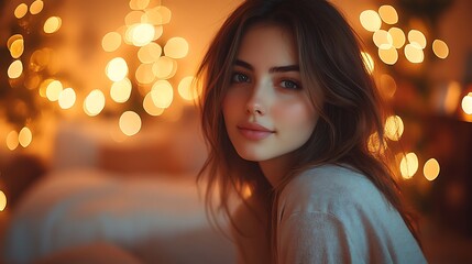Fototapeta premium Cute woman with brunette hair, dressed in an oversized t-shirt and jeans, standing in a light-filled living room with Christmas dÃ©cor and festive lights