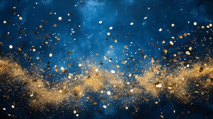 Obraz premium Abstract blue background with golden sparkles and shimmering effects.