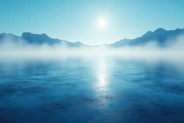 Fototapeta premium Serene Ocean Landscape with Misty Mountains at Sunrise
