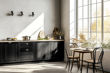 Modern Kitchen Interior Design with Dining Table and Cabinets, Ideal for Wall Mockup Display
