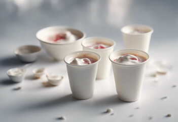 Composition with plastic cups with yogurt on white table