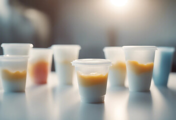 Composition with plastic cups with yogurt on white table