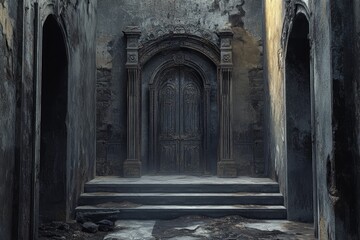 Mysterious Ancient Stone Doorway in a Dark Gothic Corridor