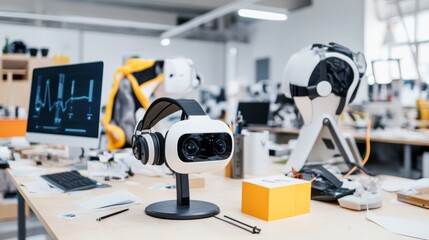 A modern smart wearable development lab, contemporary workspace with advanced testing equipment, Innovative style