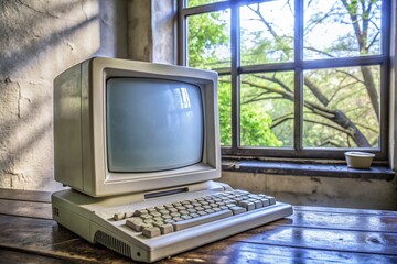Fototapeta premium Retro Vintage Old Computer PC with White Blank Screen - Nostalgic 3D Rendering for Tech Lovers and Vintage
