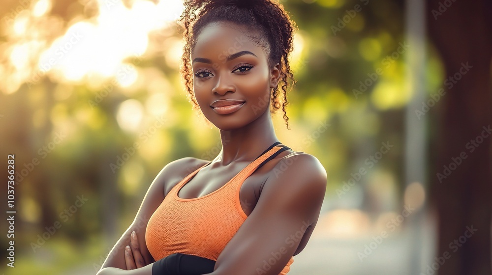 Wall mural Confident Woman in Athletic Wear Smiling Outdoors