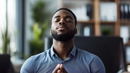 Obraz premium Black man meditating in office coping with stress