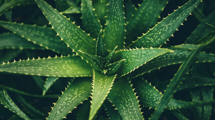 Fototapeta premium Aloe vera plant with vibrant green leaves and sharp edges, showcasing its natural beauty and health benefits. This succulent thrives in various environments, adding touch of greenery