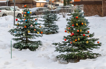 Christmas trees with toys that stand on the street in the yard