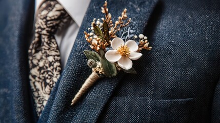 Boutonniere for the groom. The concept of marriage, family relationships, wedding paraphernalia.