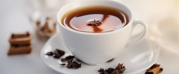 Concept of hot drink with tea on white background