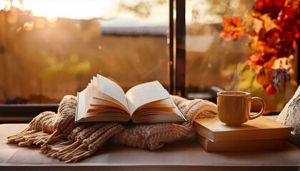 cozy autumn day being spent relaxing at home with book