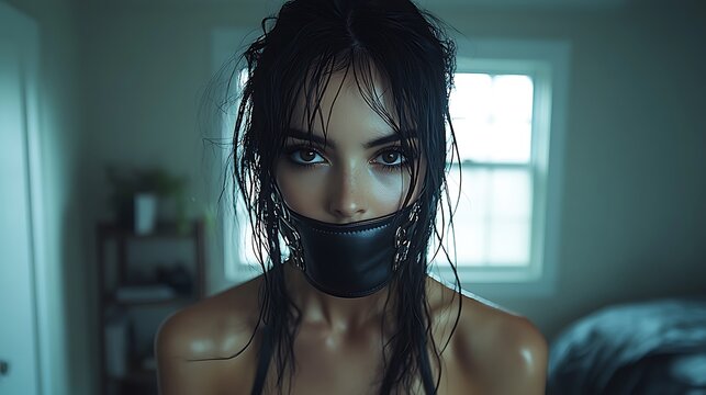 Young woman with straight black hair in a high ponytail, intense dark eyes with heavy makeup, and a black leather gag in her mouth, standing in a modern IKEA-style bedroom