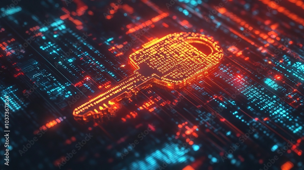 Poster digital lock and key symbol on data background